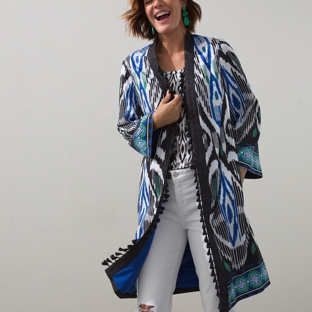 NWT Chicos 40th Anniversary Border Tassel Ikat Kimono